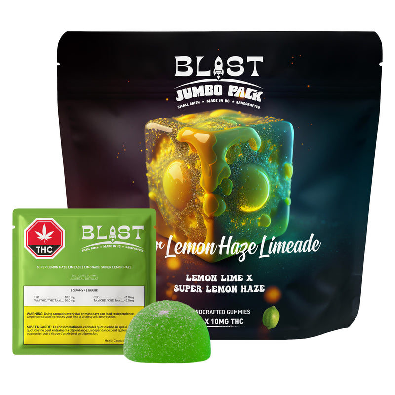 Blast Lemon Haze Limeade gummy and packaging on a white background