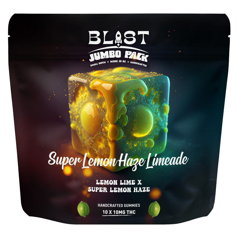 Blast Jumbo Pack of Super Lemon Haze Limeade gummies on a dark background