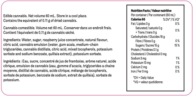 Nutrition facts label for a cannabis product with ingredients listed.