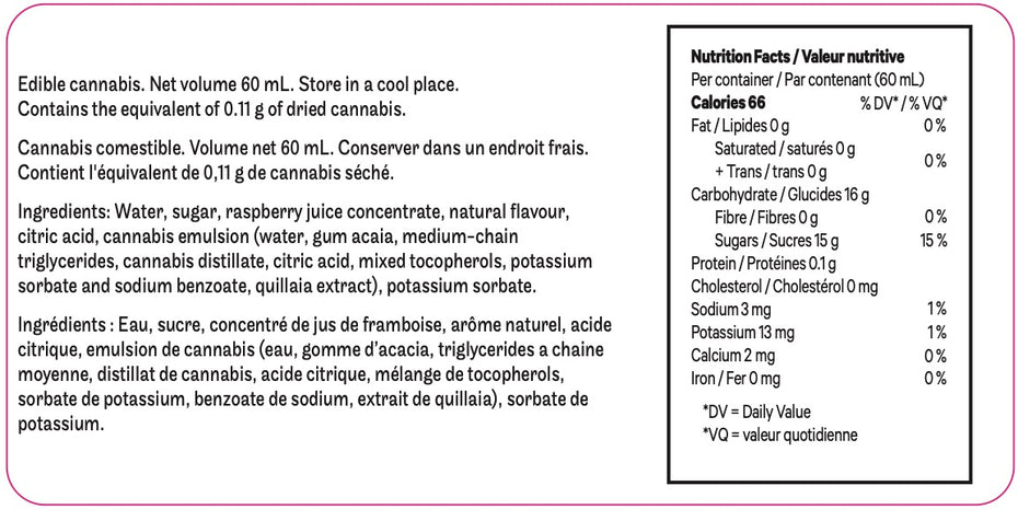 Nutrition facts label for a cannabis product with ingredients listed.