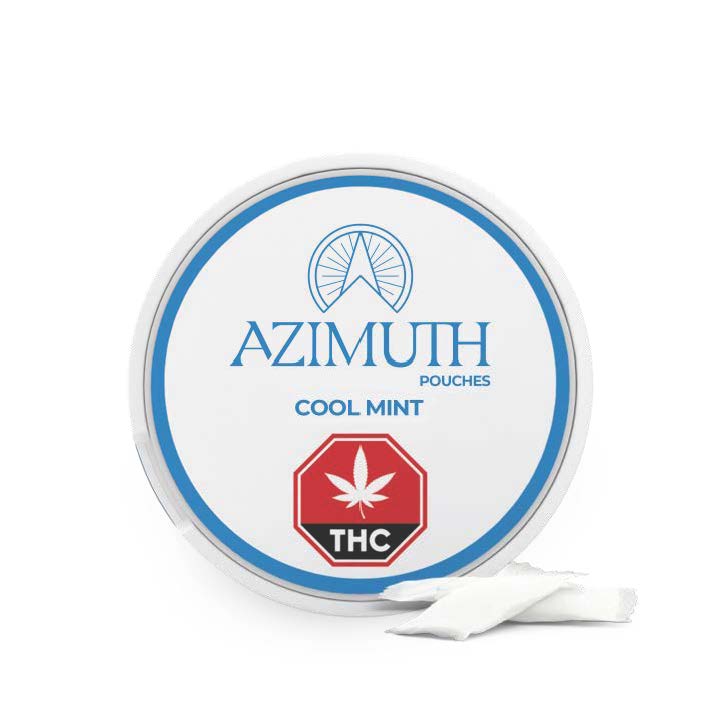 Azimuth pouches packaging with THC label on a white background