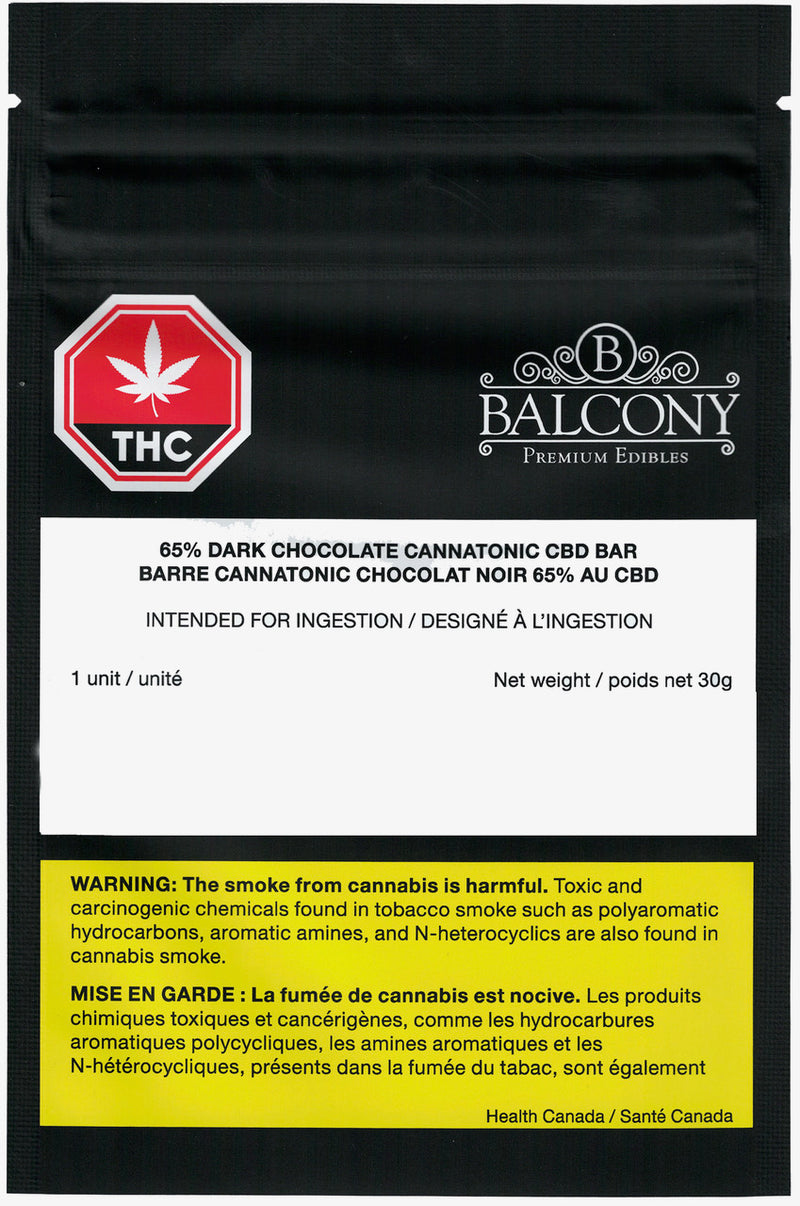 Black packaging of a THC product with Balcony branding and warning label.