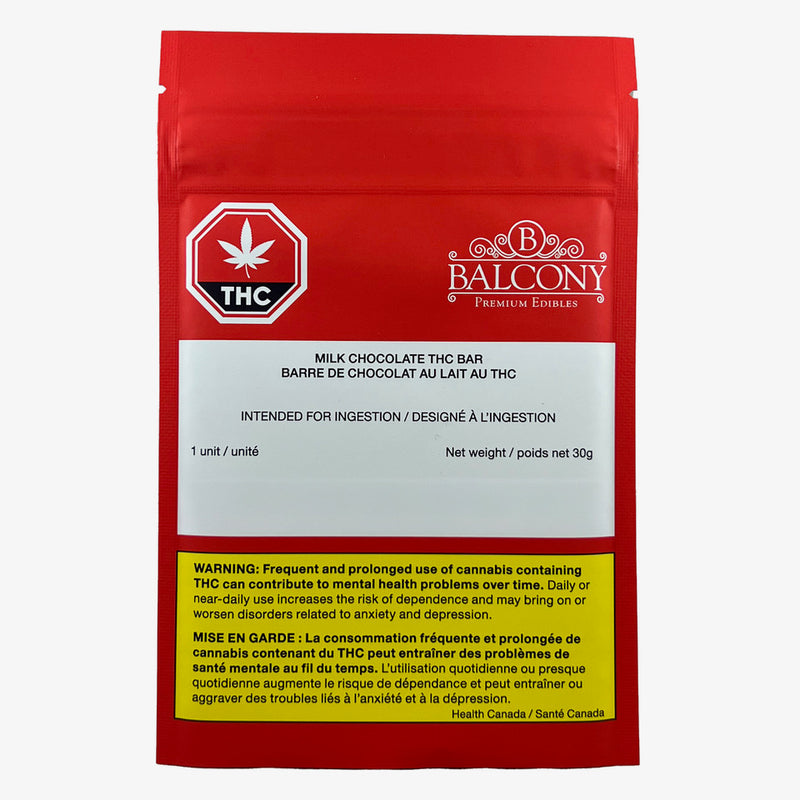 Red packaging of a THC product with Balcony branding on a white background