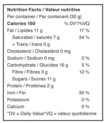 Nutrition facts label for a Balcony 65% Dark Chocolate Cannabidiol (CBD) bar