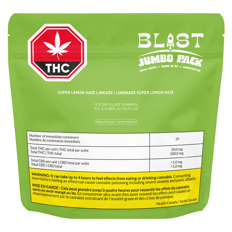 Green packaging of Blist THC gummies with branding and product details.