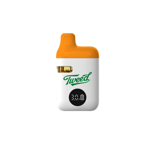 Vape device with orange top and white body displaying the brand 'Tweed' on a white background.