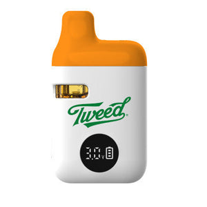Vape device with orange top and white body displaying the brand 'Tweed' on a white background.