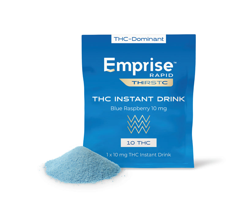 A sachet of Emprise Rapid THirstC Blue Raspberry 10mg THC Instant Drink with a small pile of blue powder in front of it.