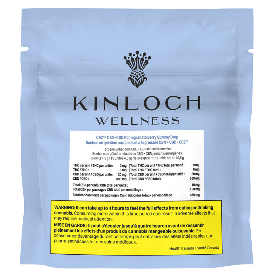 Kinloch Wellness pomegranate gummy packaging in light blue on a white backgorund