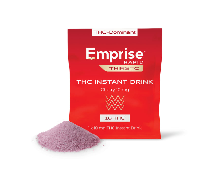 Red package of Empriese THC Instant Drink with purple powder on a white background