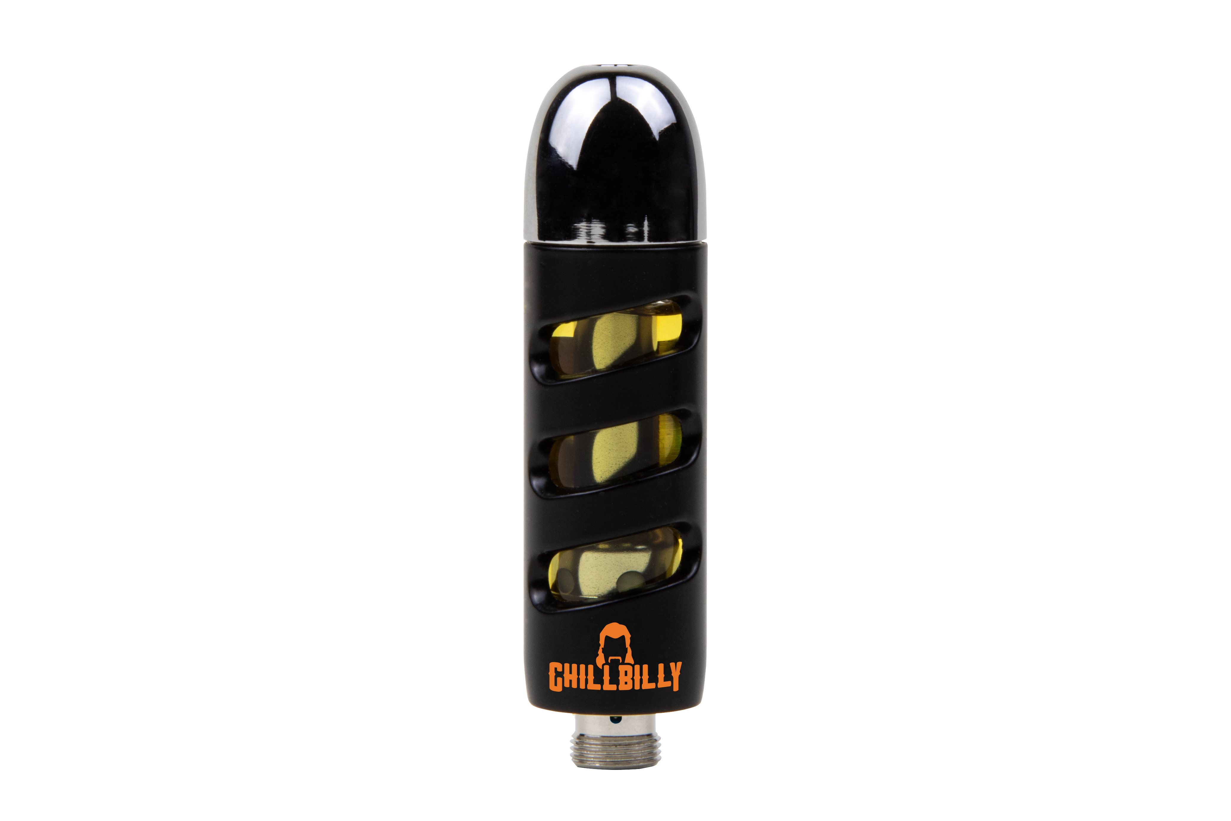 Chillbilly Gator Blood Blamo 510 Vape Cartridge with a back body and cutouts to see the glass chamber of amber coloured vape contents
