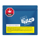 Blue packaging of Olli Baked chocolate brownies with THC warning label on a white background