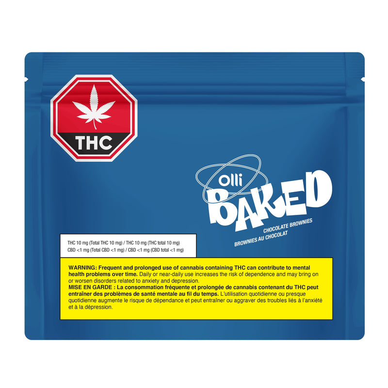 Blue packaging of Olli Baked chocolate brownies with THC warning label on a white background