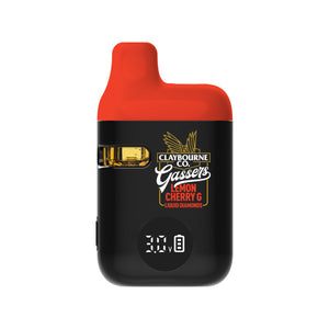 Black and red vape device with branding on a white background