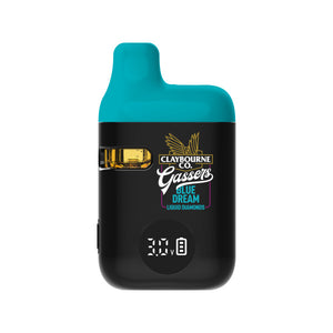 Vape device with branding and battery display on a white background