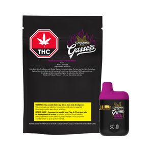 Gassers vape device with black packaging featuring THC logo on a white background