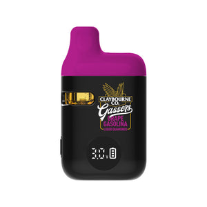 Vape device with purple top and black body featuring branding on a white background