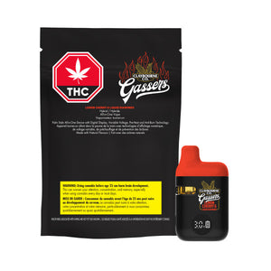 Gassers THC vape device packaging with black background and red accents