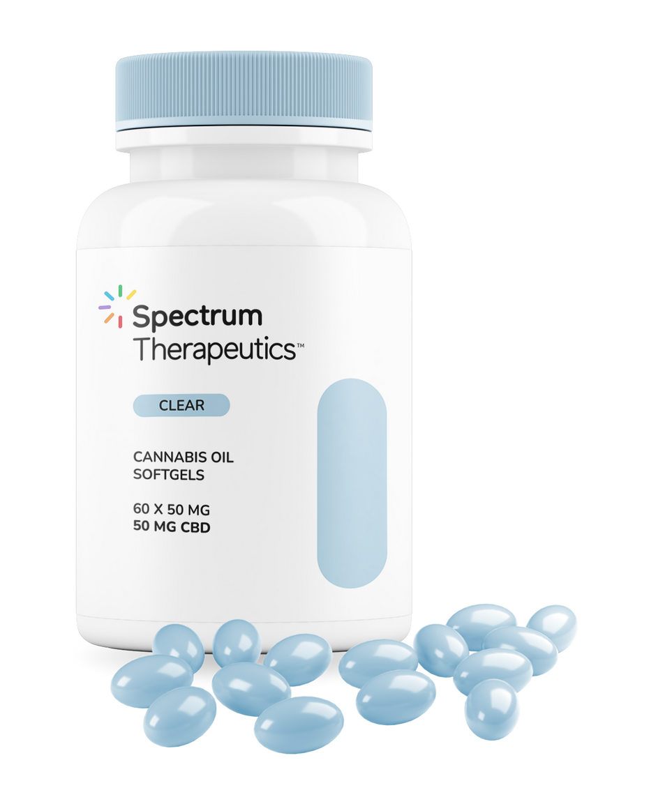 Spectrum Therapeutics cannabis oil softgels bottle with light blue capsules on a white background