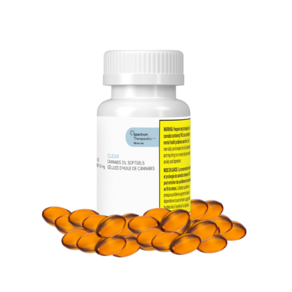 White bottle with a yellow label and orange capsules on a white background