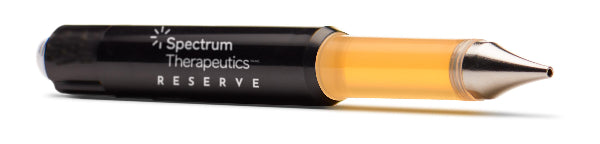 A black and clear Spectrum Reserve OG Kush oil applicator with a shatter-resistant tank and a stainless steel tip.