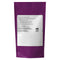 A purple resealable stand-up pouch with a large white label on the back, photographed against a plain white background. The label contains product details in English and French, including a QR code.