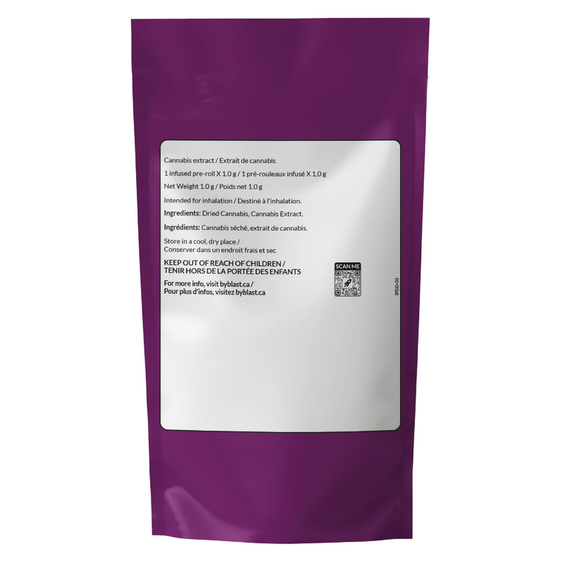A purple resealable stand-up pouch with a large white label on the back, photographed against a plain white background. The label contains product details in English and French, including a QR code.