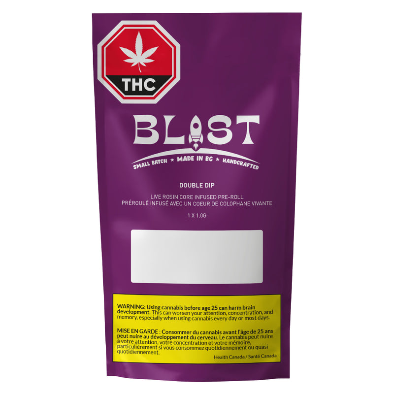 A purple stand-up pouch of BLAST Double Dip live rosin coffee infused pre-roll with a THC warning label at the top, on a white background.