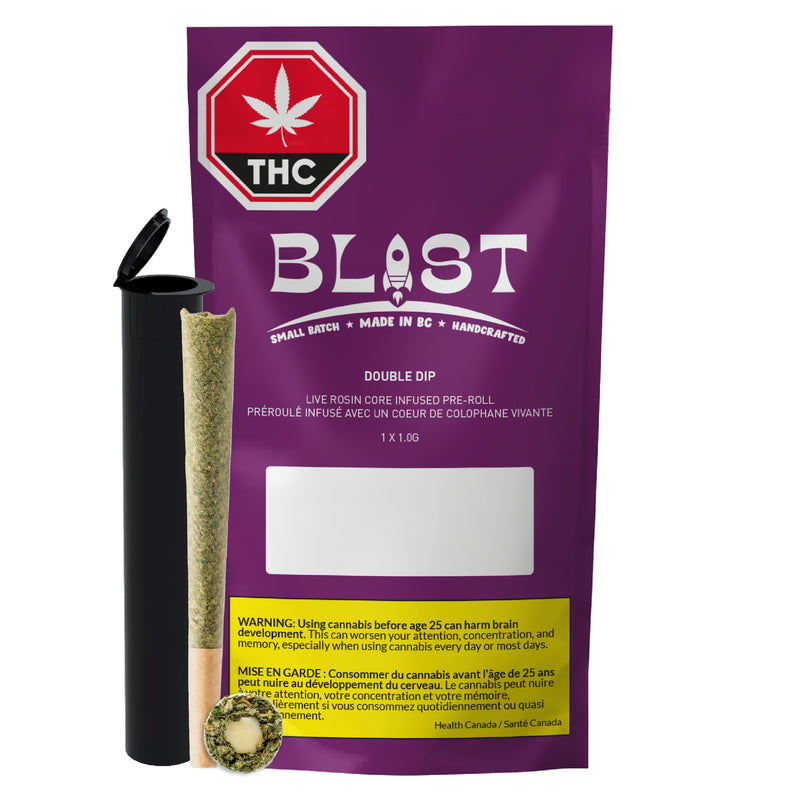 A purple package of BLAST THC Double Dip pre-rolled joints with a black rolling machine and a single rolled joint displayed next to it on a white background.