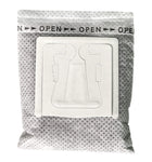 White plastic components in a clear plastic tray inside a gray packaging bag with 'Open' text.