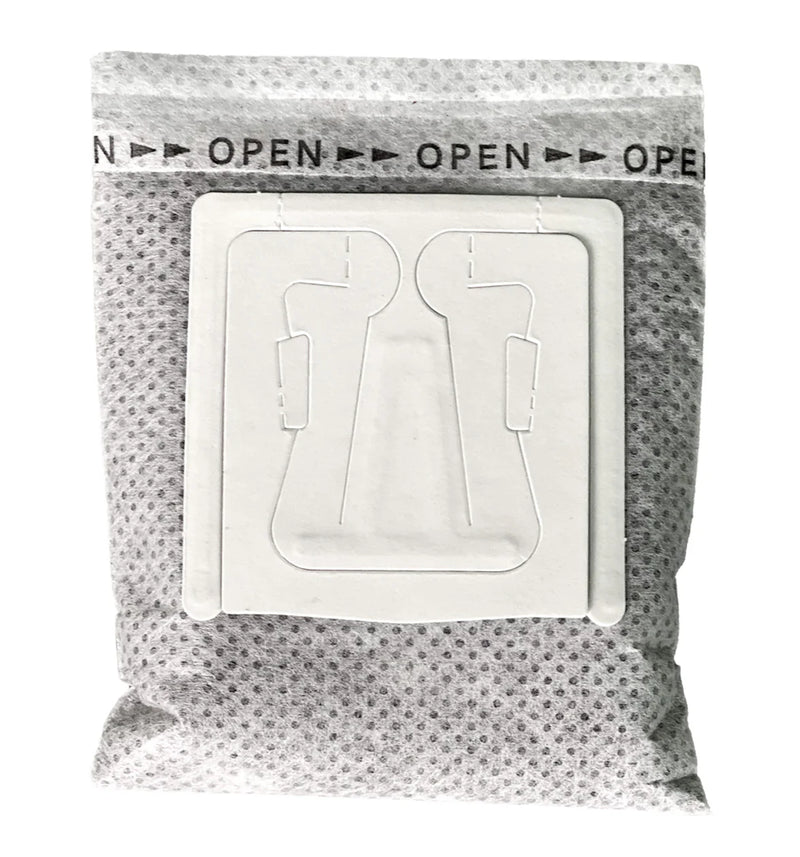 White plastic components in a clear plastic tray inside a gray packaging bag with 'Open' text.