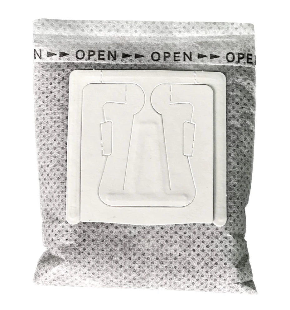 White plastic components in a clear plastic tray inside a gray packaging bag with 'Open' text.