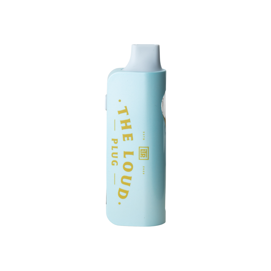 A light blue disposable vape device with a white mouthpiece, featuring the text 'THELOUD PLUG' printed in gold on the side, set against a plain white background.