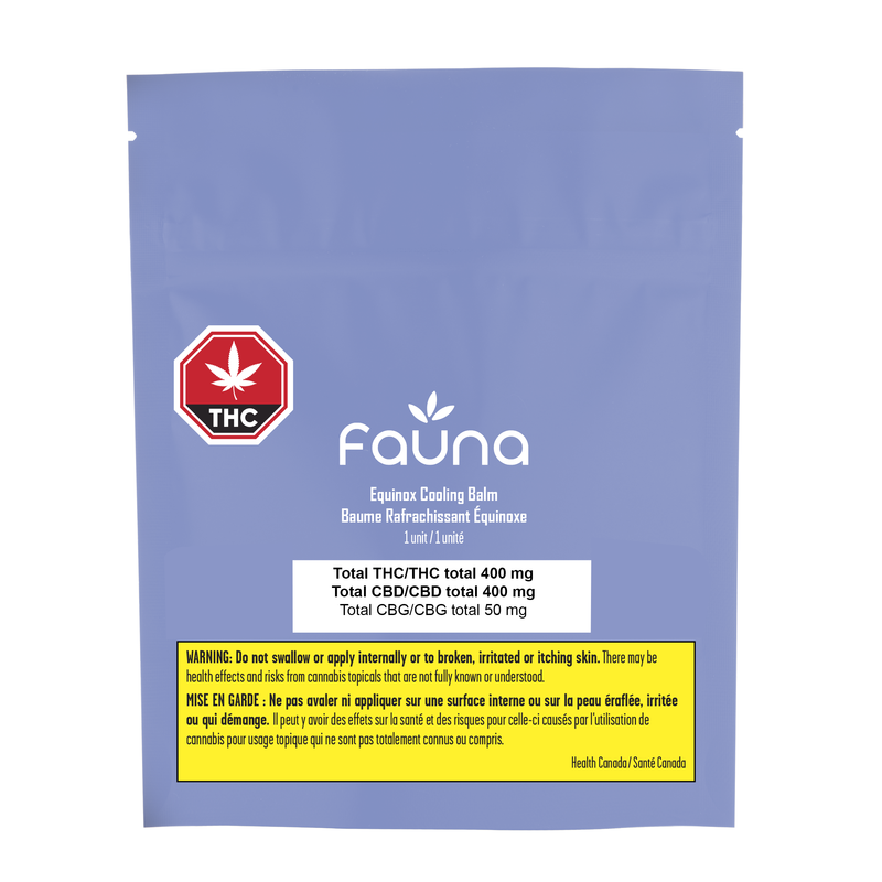 Blue package of Fauna Equine Cooling Balm with THC label on a white background