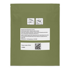 An olive green stand-up pouch package photographed flat against a white background, with printed product information and a small usage icon on the front.