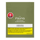 A green stand-up pouch of Fauna Deep Forest Bath Salts with a red and white THC logo, white product text, and a yellow warning panel on a white background.