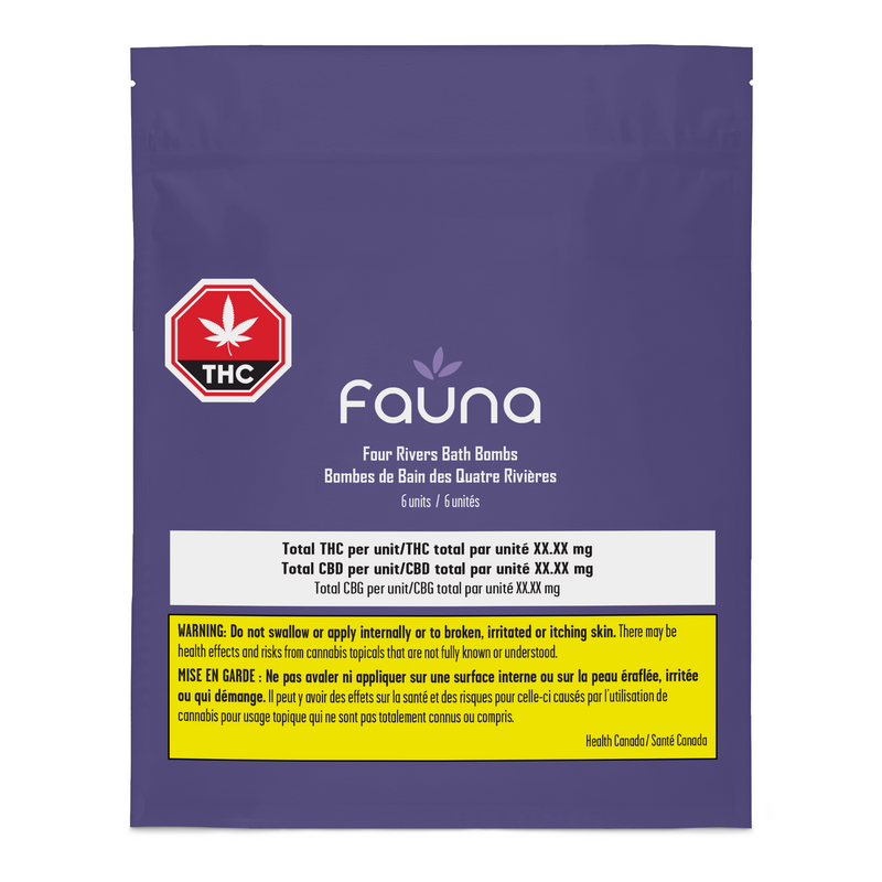 A purple stand-up pouch of Fauna Four Rivers Bath Bombs on a plain white background. The package features a red and white THC logo, product details in English and French, and a yellow warning label at the bottom.