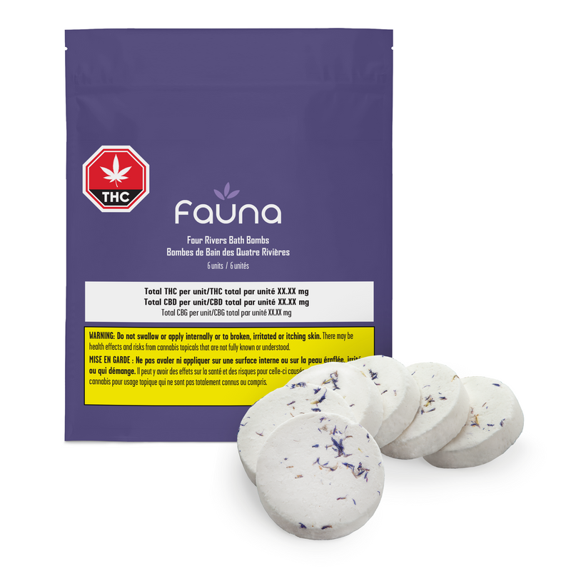 A purple stand-up pouch labeled Fauna THC Four Rivers Bark Bomb with several round white bark bombs placed in front on a white background.