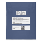 A blue resealable pouch package shown from the back on a white background, with printed text, a QR code, and small instructional illustrations near the top.