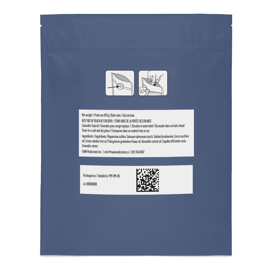A blue resealable pouch package shown from the back on a white background, with printed text, a QR code, and small instructional illustrations near the top.