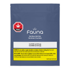 A blue stand-up pouch of Fauna Holy Waters Bath Salts containing Total THC/CBD salts at 20.00 mg/g, with a red and white THC logo and a yellow warning label on a white background.