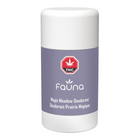 A white cylindrical deodorant stick with a lavender-gray label. The label features a red octagonal THC logo with a cannabis leaf, the brand name 'fauna' in white, and the scent name 'Magic Meadow Deodorant' in English and French.