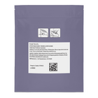 A flat, matte lavender-gray stand-up pouch package photographed against a black background. The pouch has a large white rectangular label with black text, a QR code, and small instructional icons near the top right of the label.