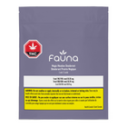 A single stand-up pouch of Fauna THC Magic Meadow Deodorant in Lemon/Lime flavor, shown against a plain white background. The pouch is a muted lavender-gray color with a red and white THC logo, white branding text, and a bright yellow warning label at the bottom.