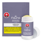 Fauna Magic Meadow Deodorant shown with its purple resealable pouch and a white cylindrical stick container with the cap off, on a clean white background.