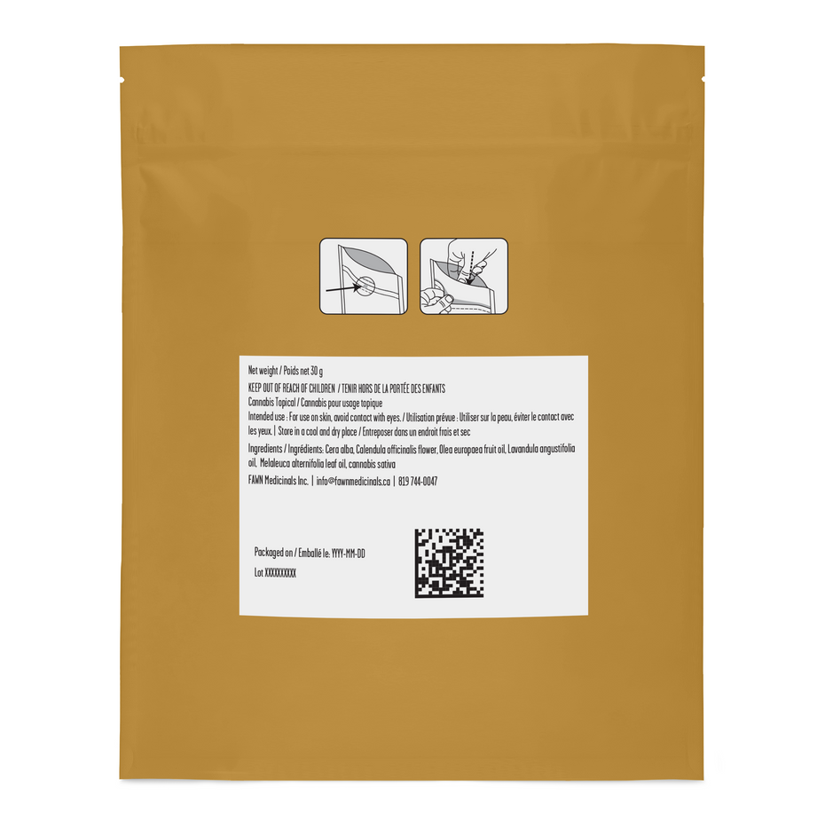 A gold stand-up resealable pouch with a white label showing product information, usage icons, and a QR code, photographed on a plain white background.