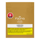 A stand-up pouch of Fauna Nature's Balm THC, featuring a metallic gold background, a red and white THC logo, and a white and yellow warning label on the front.