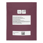 A dark burgundy stand-up pouch package with a white label on the front, photographed against a plain white background. The label includes product information, a small line drawing, and a QR code.
