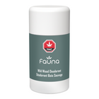 A white cylindrical deodorant stick with a muted green-gray label. The label features a red octagonal THC logo with a cannabis leaf, the brand name 'fauna' in white, and the text 'Wild Wood Deodorant' and 'Deodorant Bois Sauvage'.