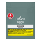 A 2 unit / 2 litre pouch of Fauna Wild Wood Deodorant, featuring a dark slate gray-green background with a red and white THC warning logo, white brand text, and a yellow health warning label at the bottom.